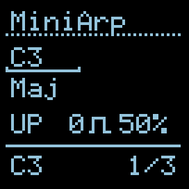 MiniArp default boot state — C3 / Maj / UP / 0 / 50 %, cursor on Root