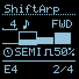 ShiftArp main view, FWD playback over a 4-note buffer (step 2/4)